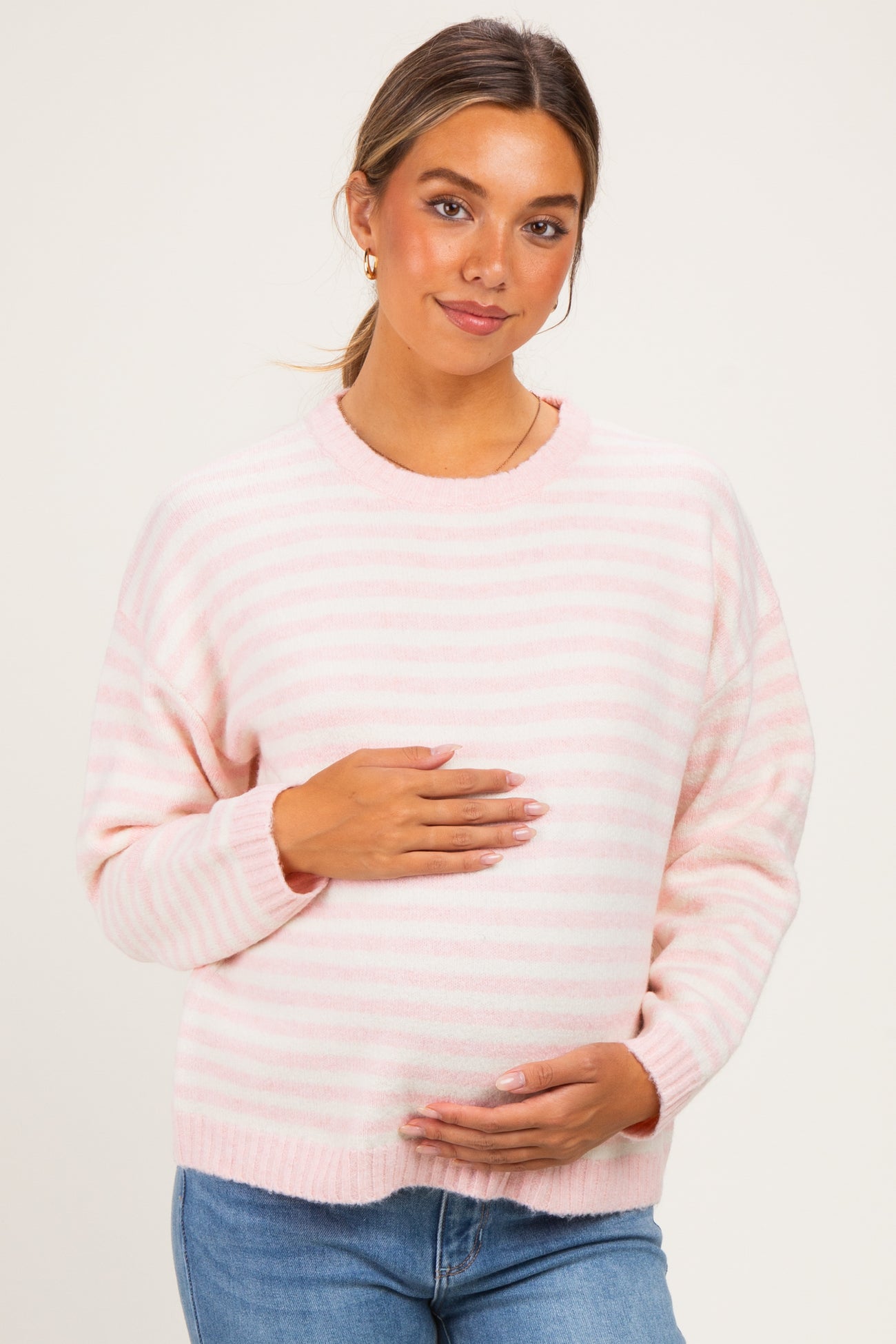Ballet Pink Brushed Knit Striped Maternity Sweater