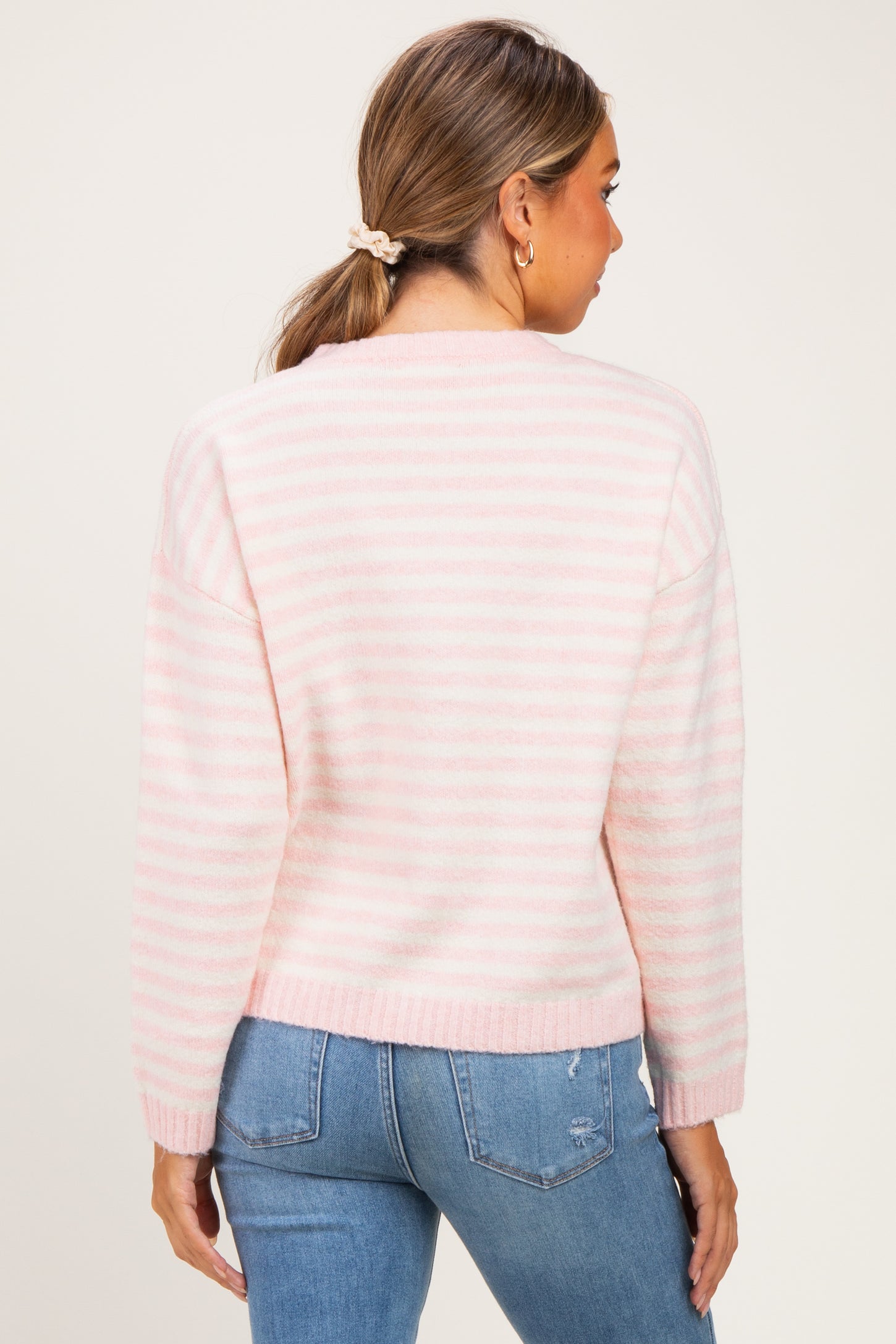 Ballet Pink Brushed Knit Striped Maternity Sweater
