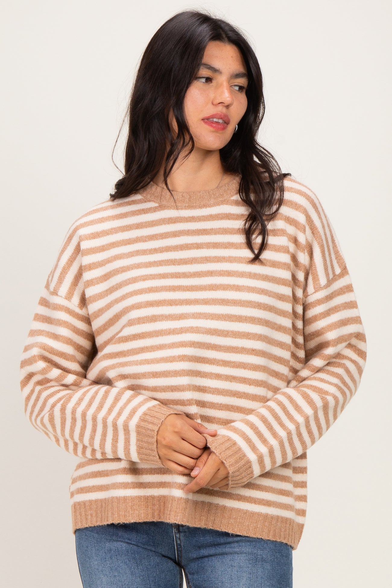 Coffee Brushed Knit Striped Maternity Sweater