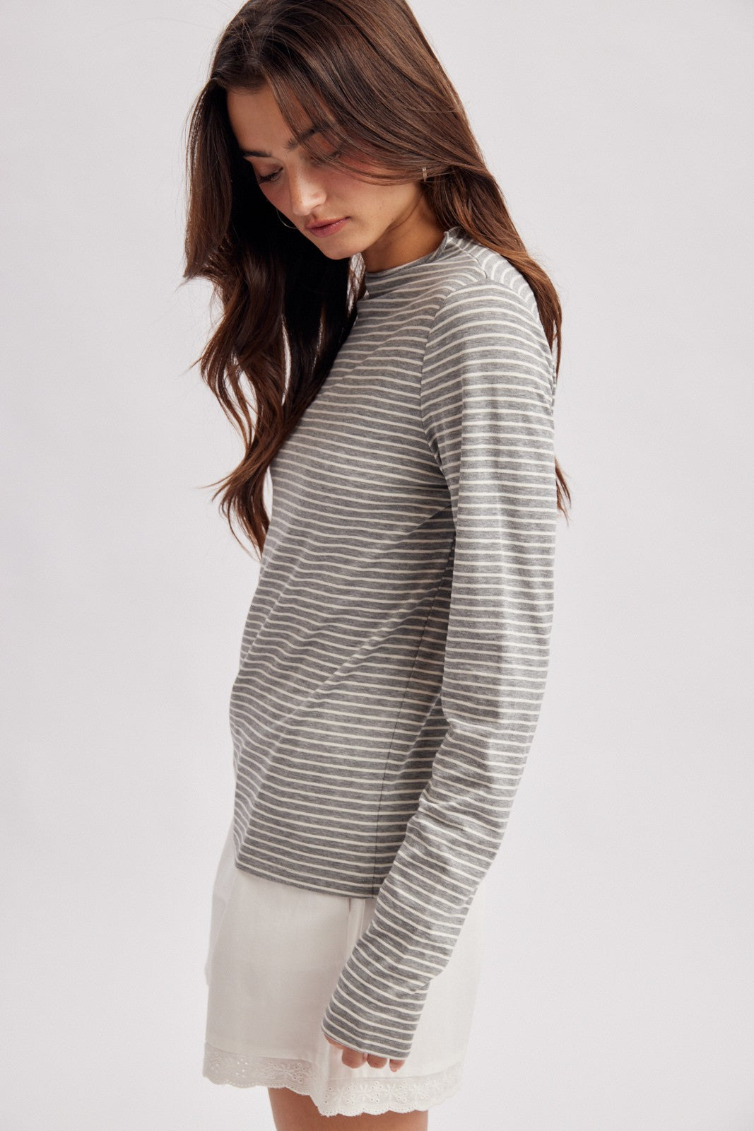 Heather Grey Striped Rolled Neck Top