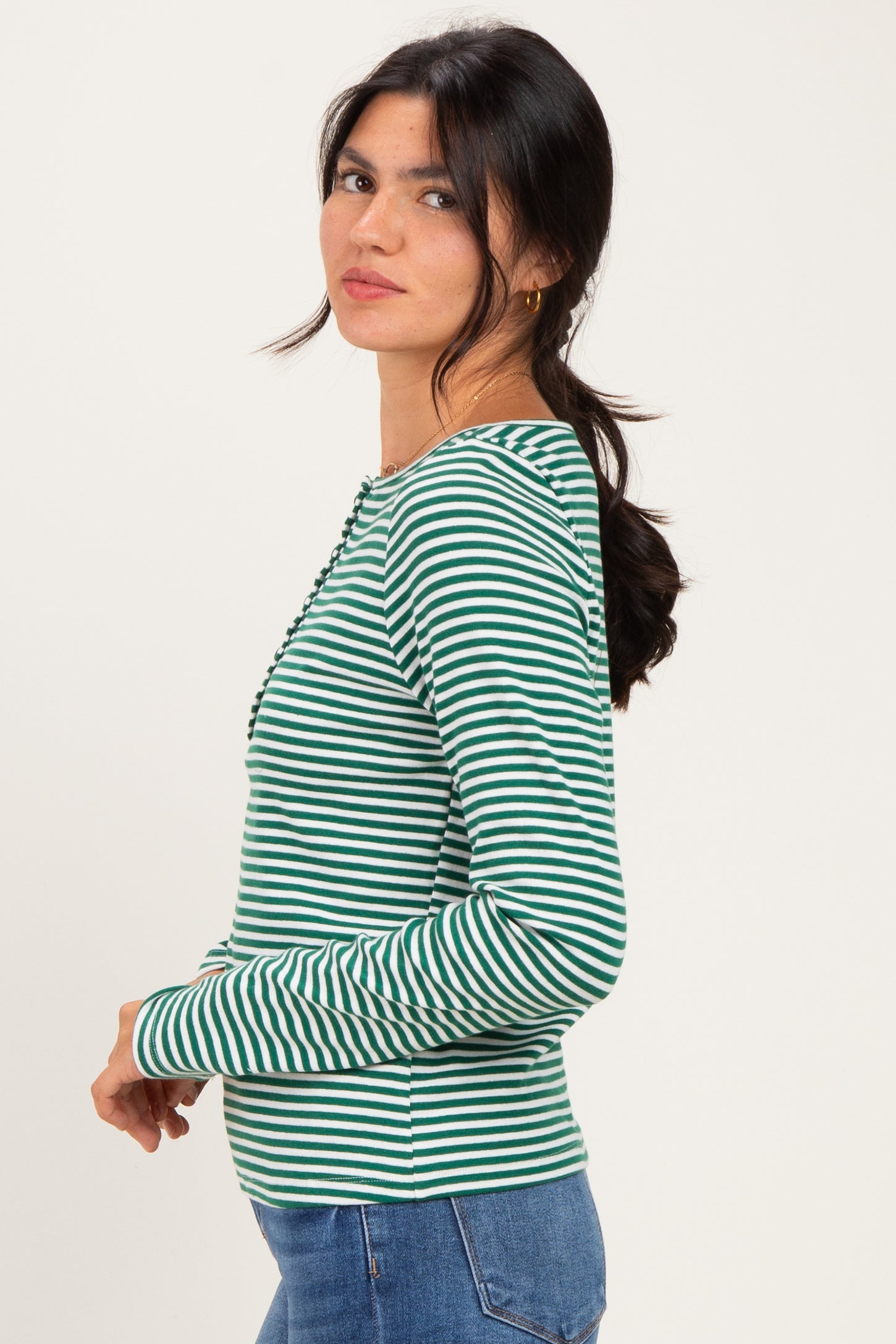 Green Striped Button Henley Top