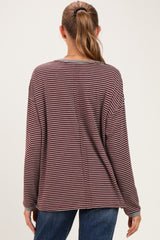 woman wearing a maroon and white striped long sleeve maternity top, showing the back view