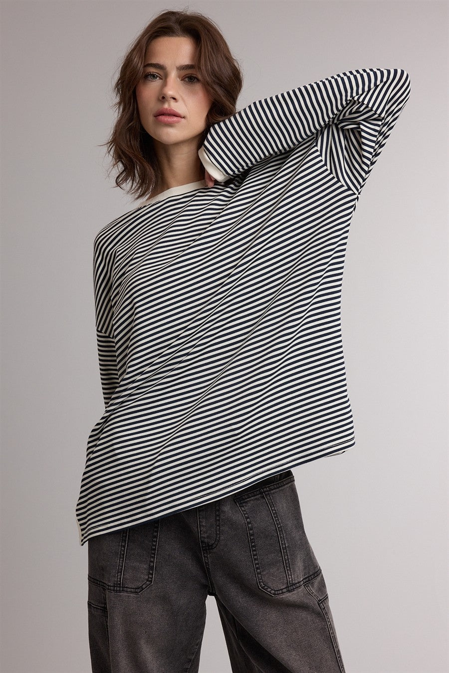 Navy Striped Oversized Long Sleeve Top