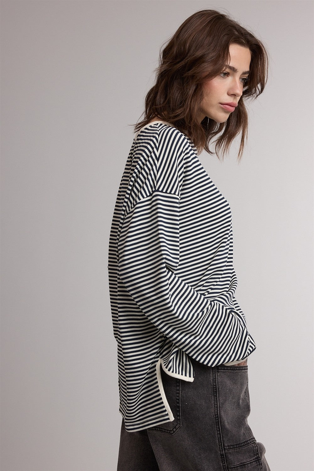 Navy Striped Oversized Long Sleeve Top