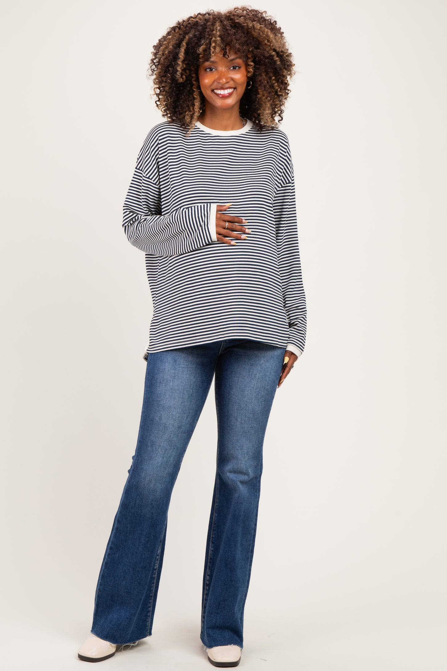 Navy Striped Oversized Maternity Long Sleeve Top