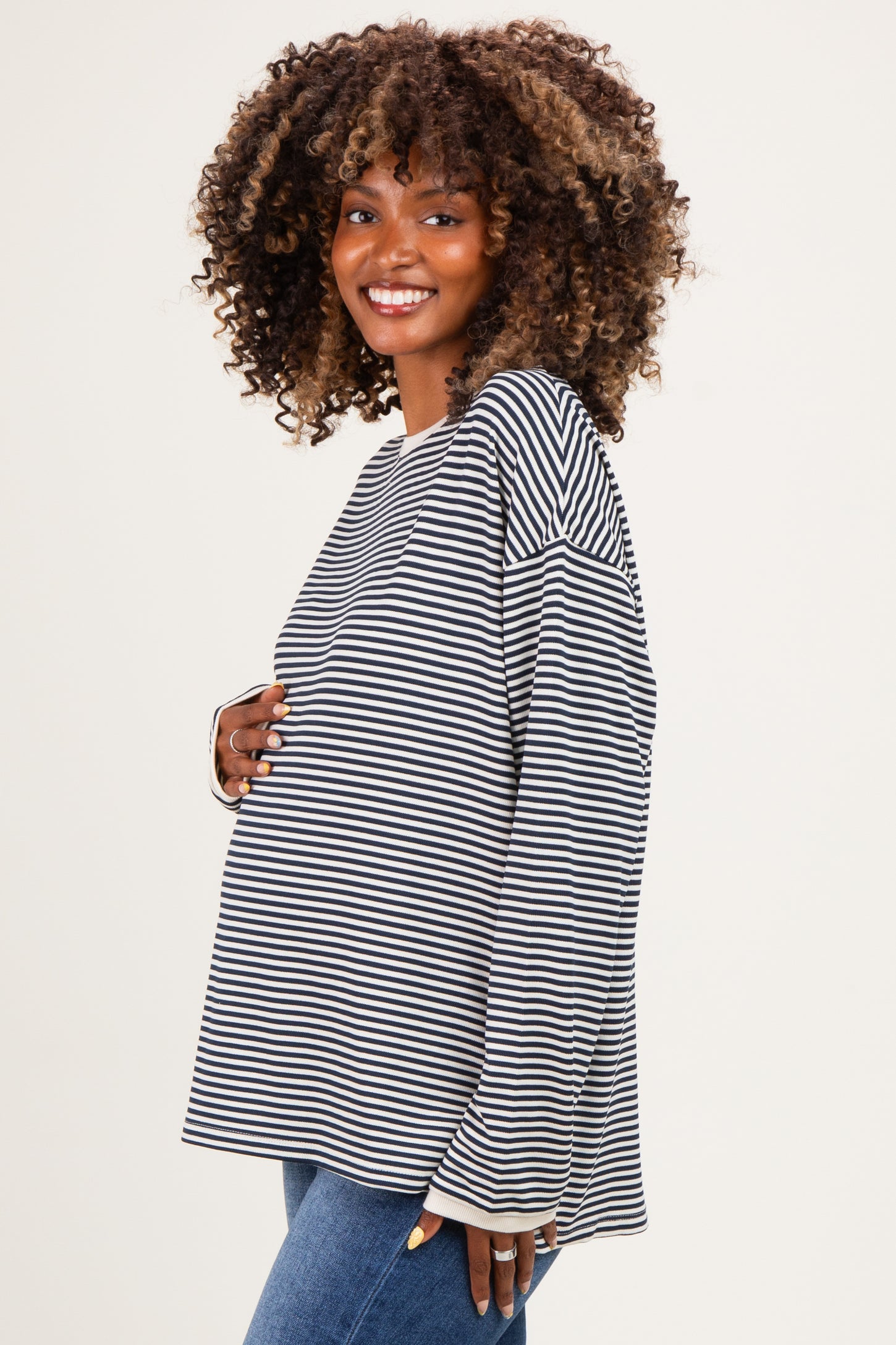 Navy Striped Oversized Maternity Long Sleeve Top