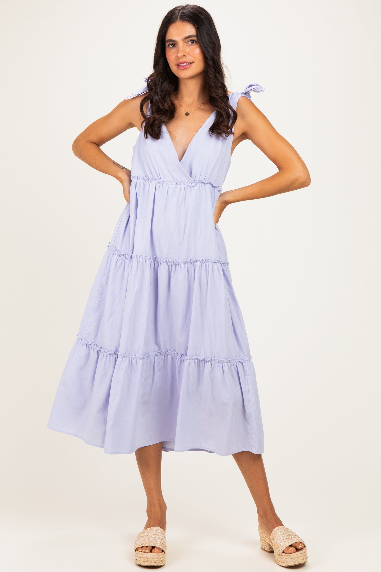 Lavender Tiered Shoulder Tie Midi Dress