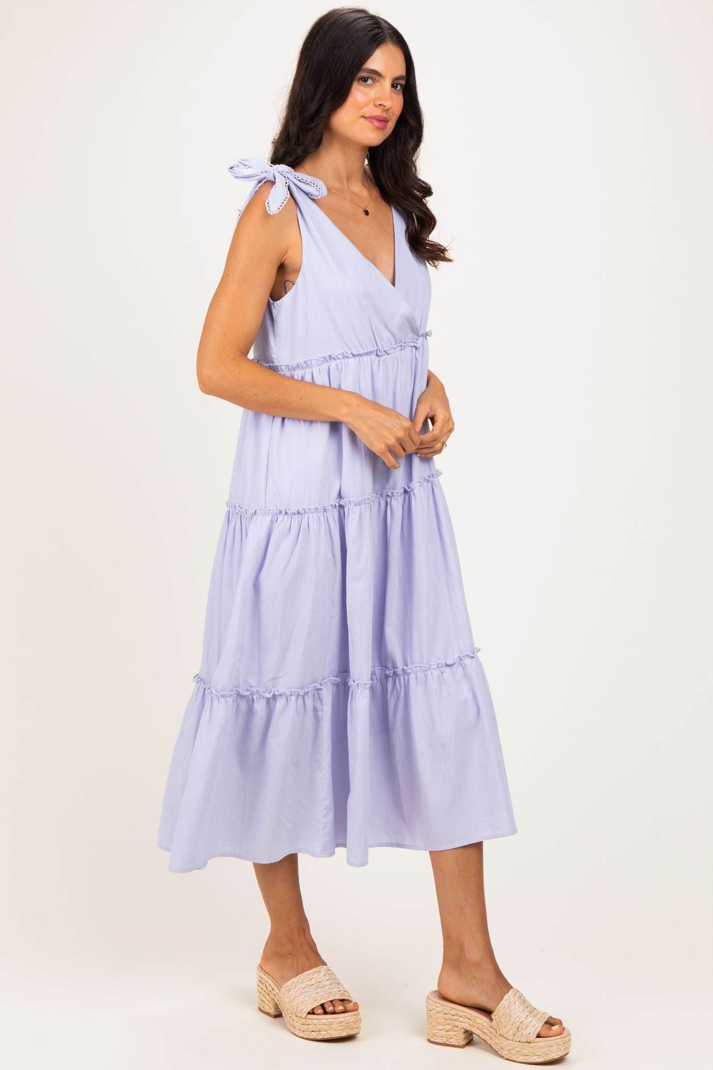 Lavender Tiered Shoulder Tie Midi Dress