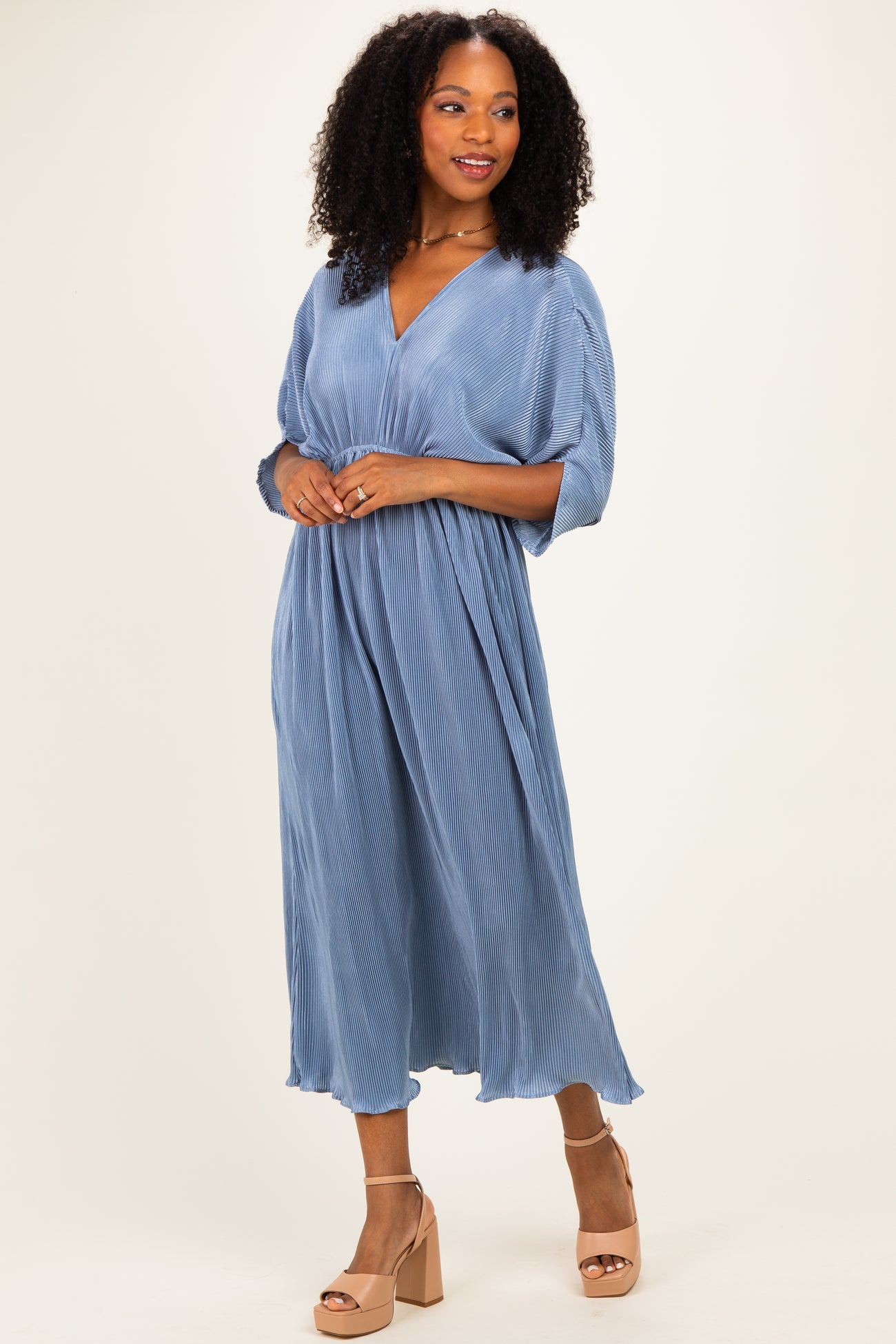 Deep Blue Pleated Satin Dolman Sleeve Maternity Maxi Dress
