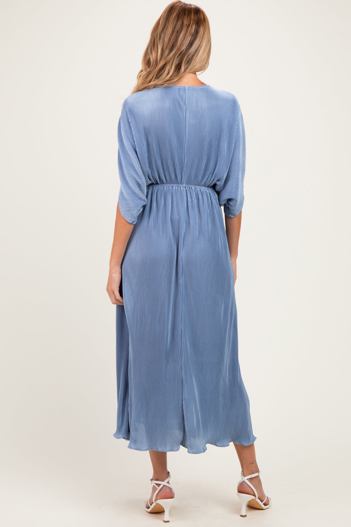 Deep Blue Pleated Satin Dolman Sleeve Maternity Maxi Dress