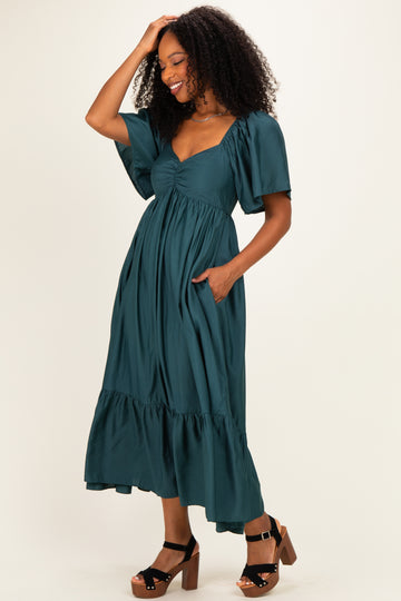 Emerald Flutter Sleeve Ruffle Hem Midi Dress