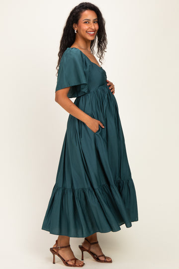 Emerald Flutter Sleeve Ruffle Hem Maternity Midi Dress