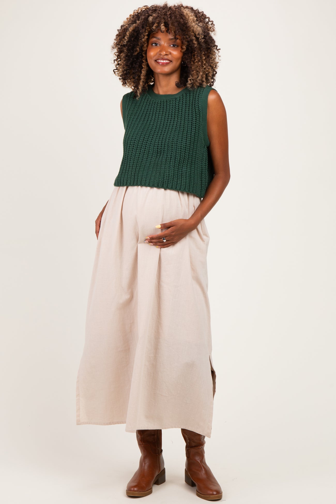 Forest Green/ Taupe Sleeveless Sweater Top Colorblock Maternity Midi Dress