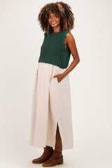Forest Green/ Taupe Sleeveless Sweater Top Colorblock Maternity Midi Dress