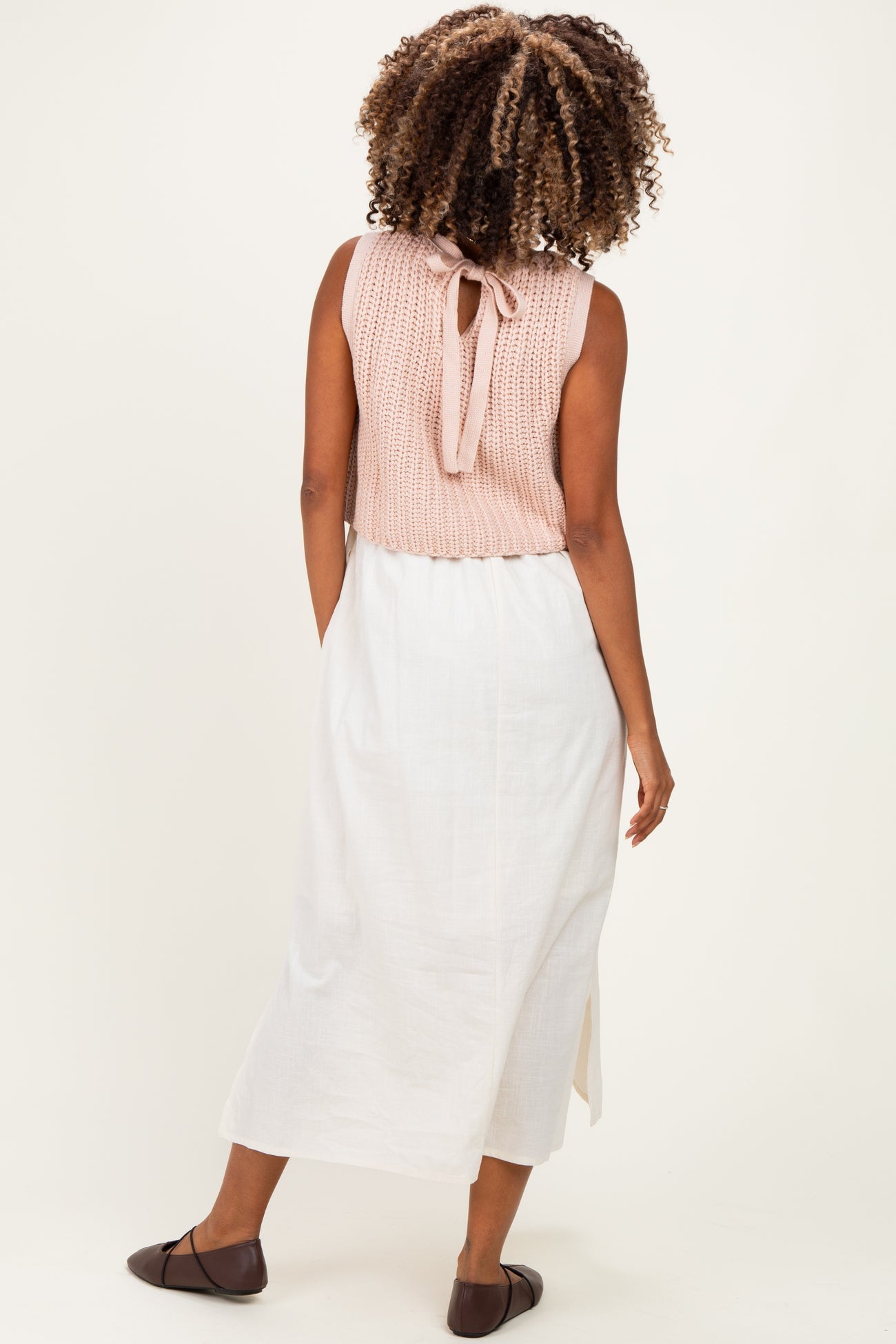 Peach Sleeveless Sweater Top Colorblock Maternity Midi Dress