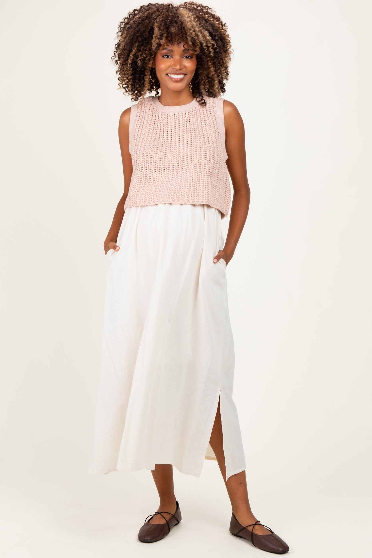 Peach Sleeveless Sweater Top Colorblock Maternity Midi Dress