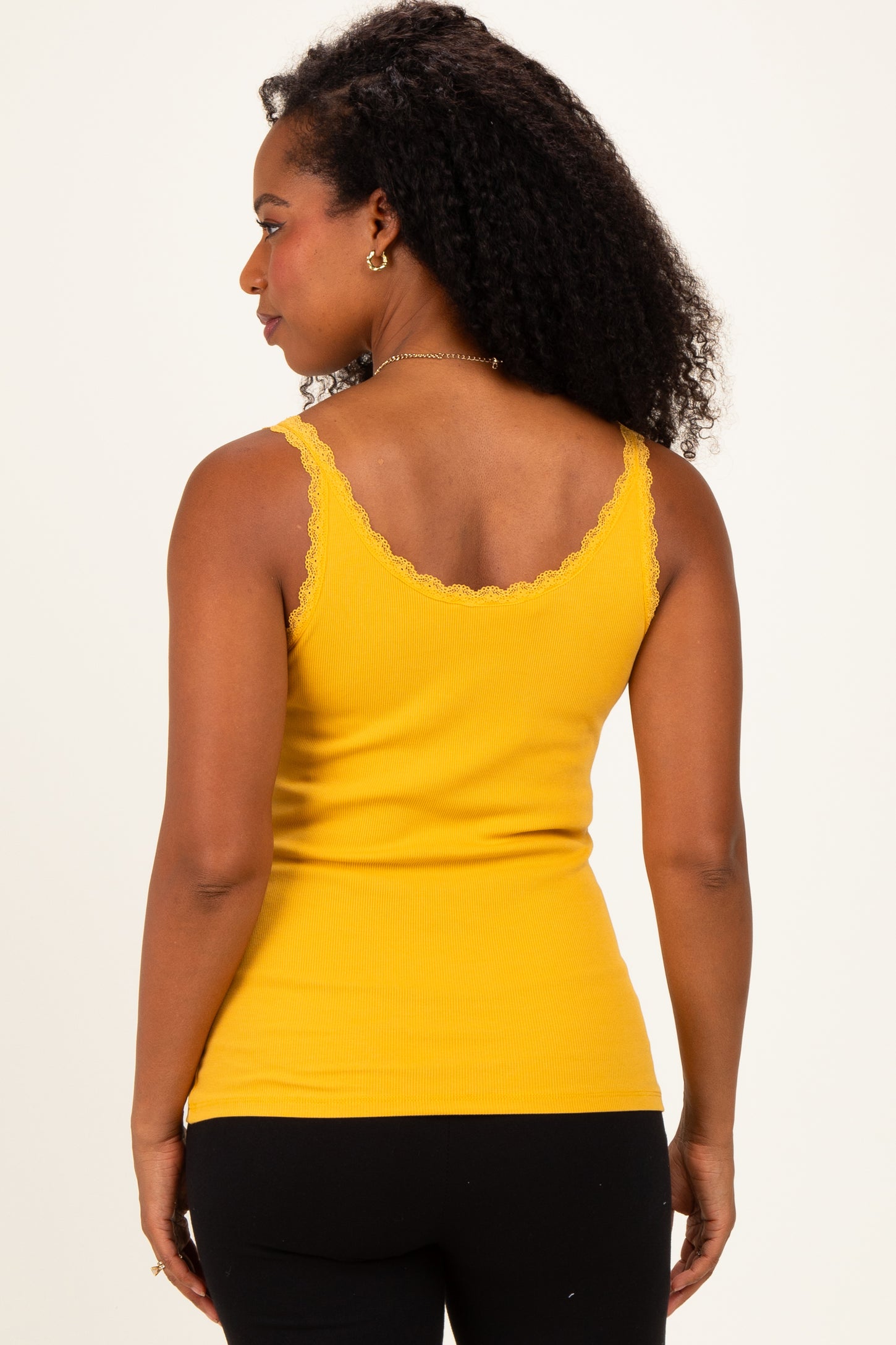 Mustard Lace Trim Detail Ribbed Knit Tank Top