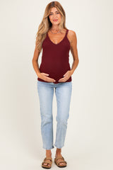 Burgundy Lace Trim Detail Ribbed Maternity Knit Tank Top