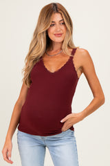 Burgundy Lace Trim Detail Ribbed Maternity Knit Tank Top