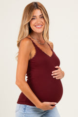 Burgundy Lace Trim Detail Ribbed Maternity Knit Tank Top