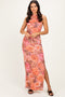 Pink Floral Mesh Ruched Maxi Dress
