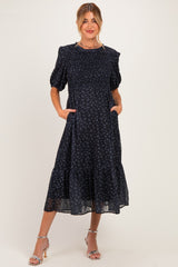 Dark Navy Floral Smocked Maternity Midi Dress