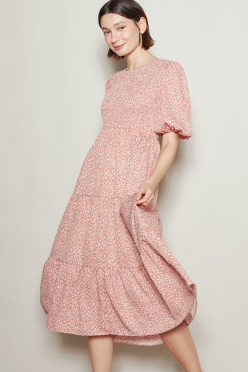 Coral Rose Floral Puff Sleeve Tiered Midi Dress