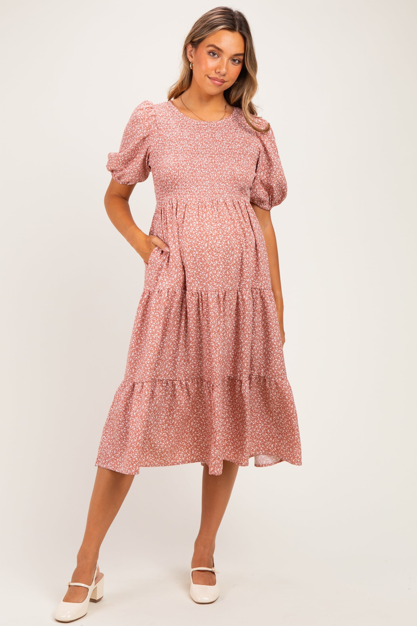 Coral Rose Floral Puff Sleeve Tiered Maternity Midi Dress