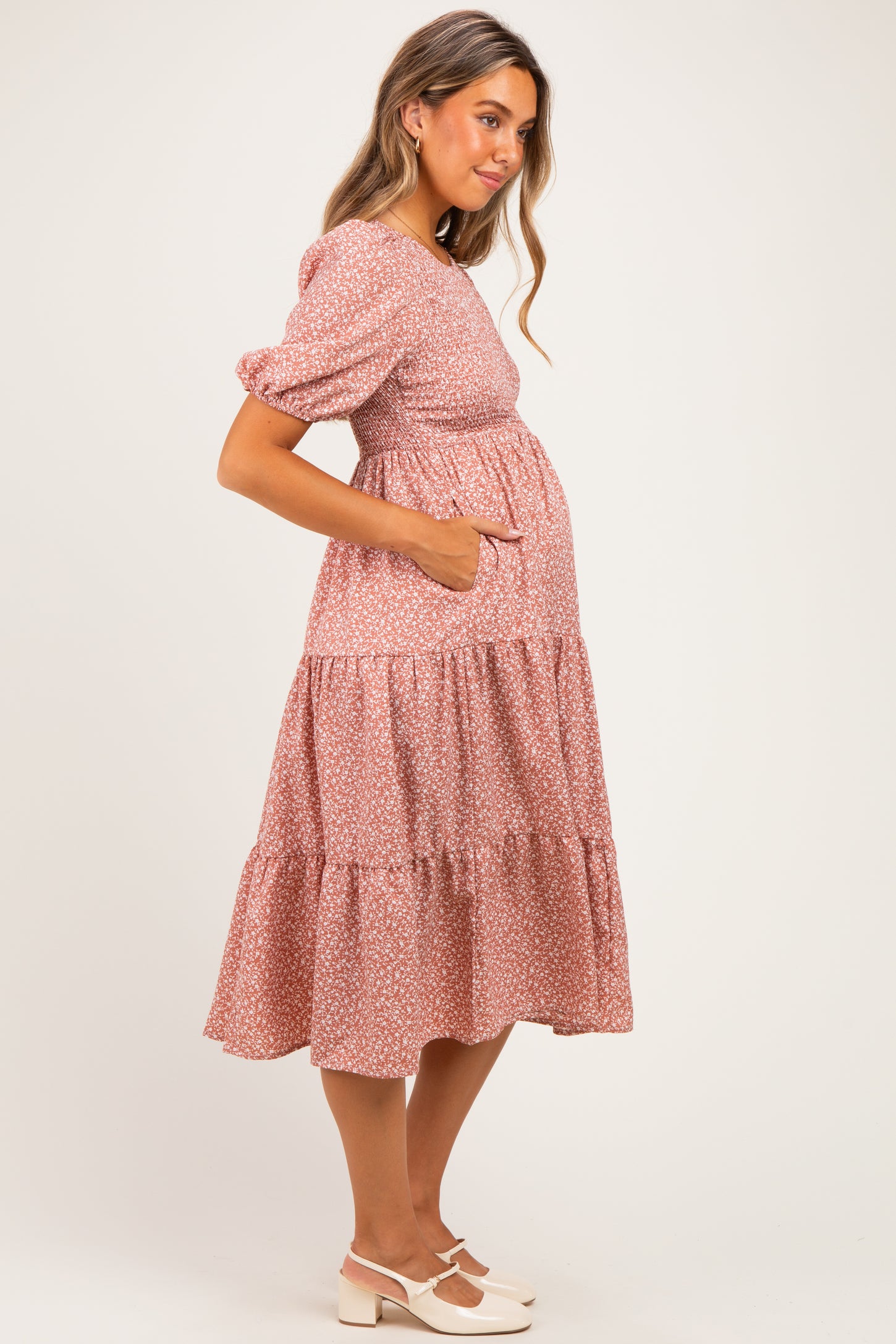 Coral Rose Floral Puff Sleeve Tiered Maternity Midi Dress