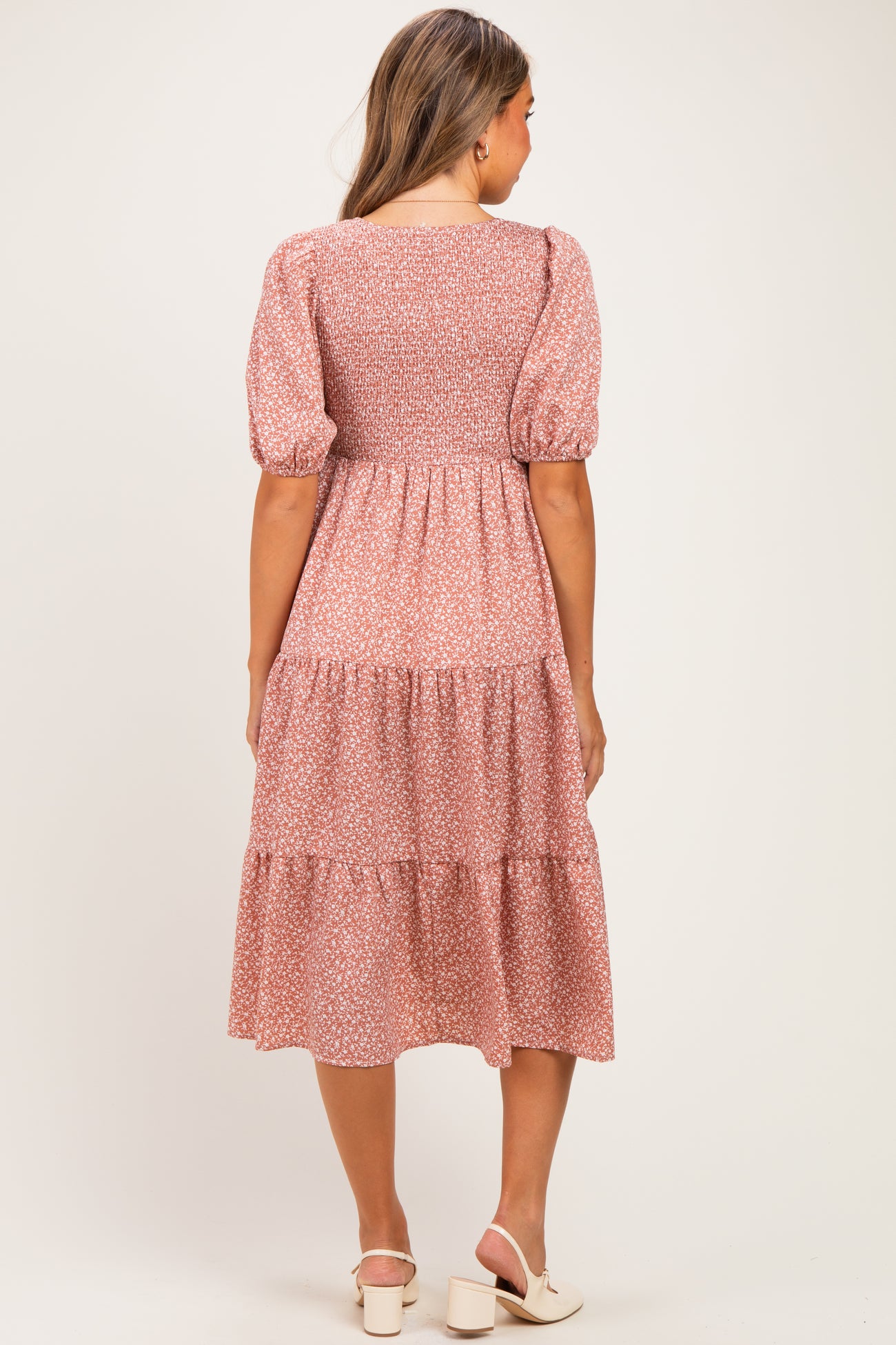 Coral Rose Floral Puff Sleeve Tiered Maternity Midi Dress