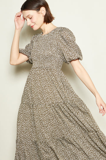 Olive Floral Puff Sleeve Tiered Midi Dress