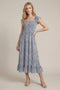 Blue Grey Printed Smocked Midi Dress