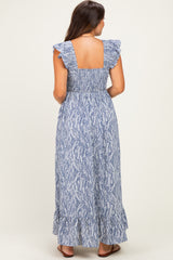 Blue Grey Printed Smocked Maternity Midi Dress