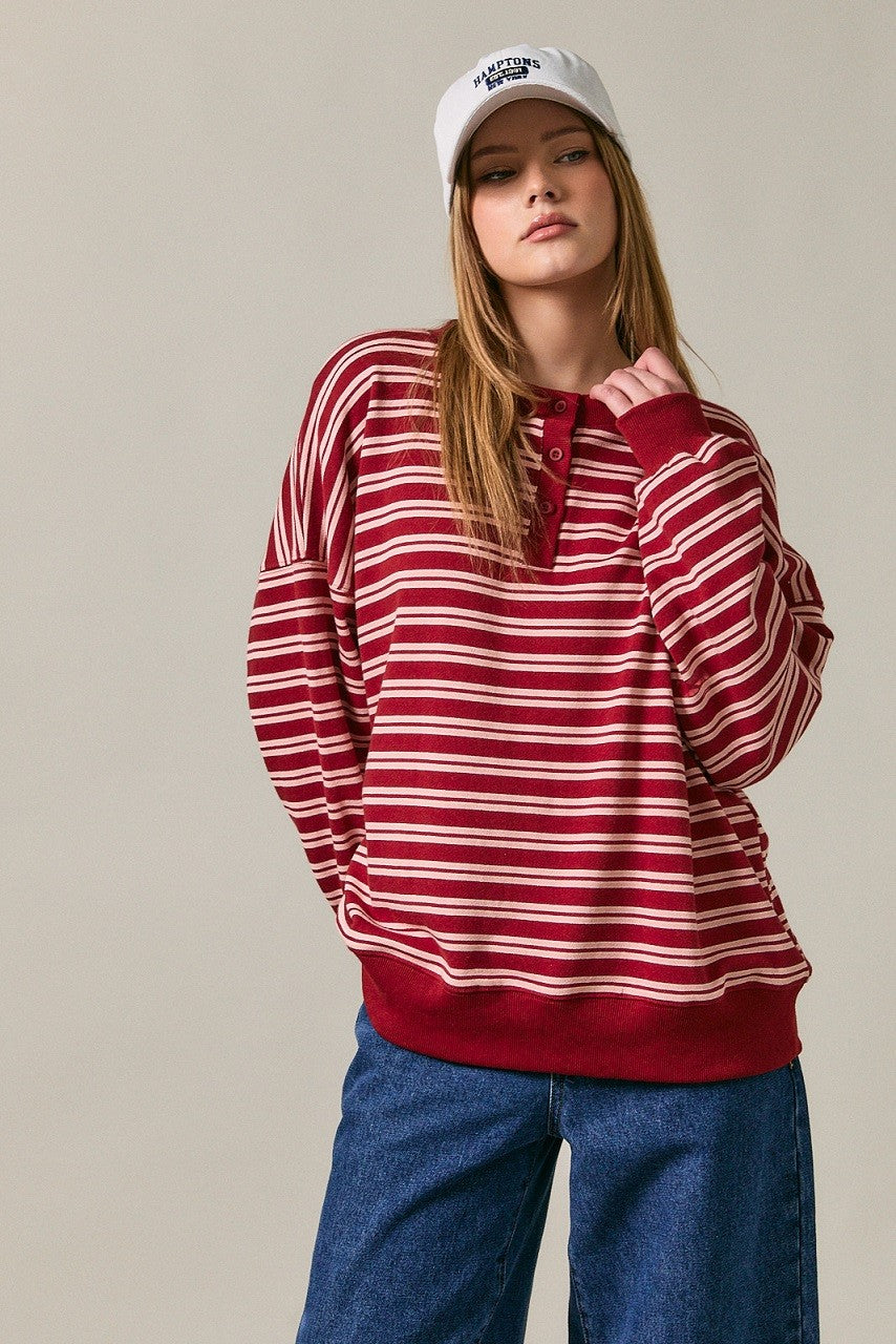 Maroon Striped Oversized Maternity Button Sweatshirt