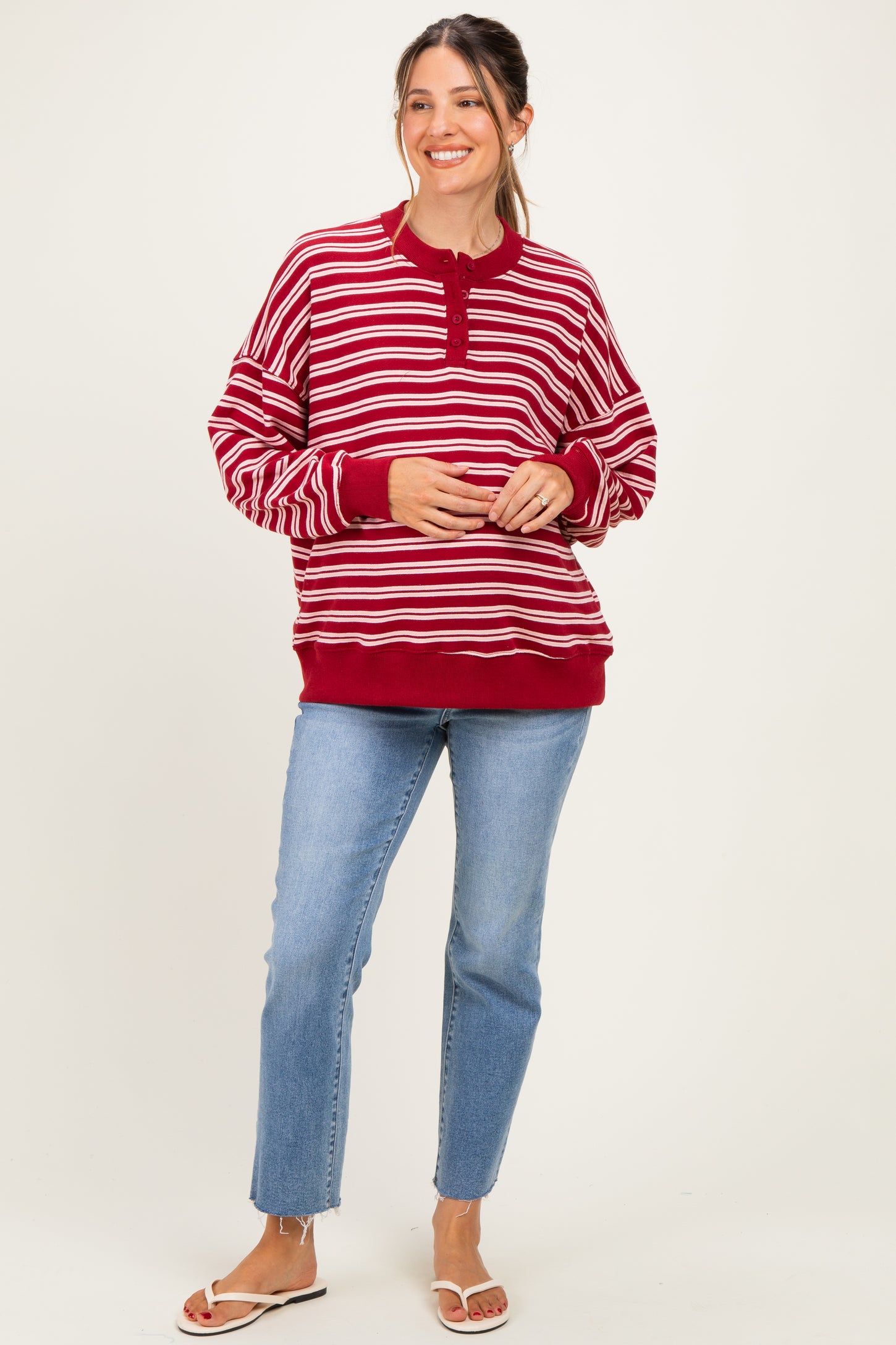 Maroon Striped Oversized Maternity Button Sweatshirt
