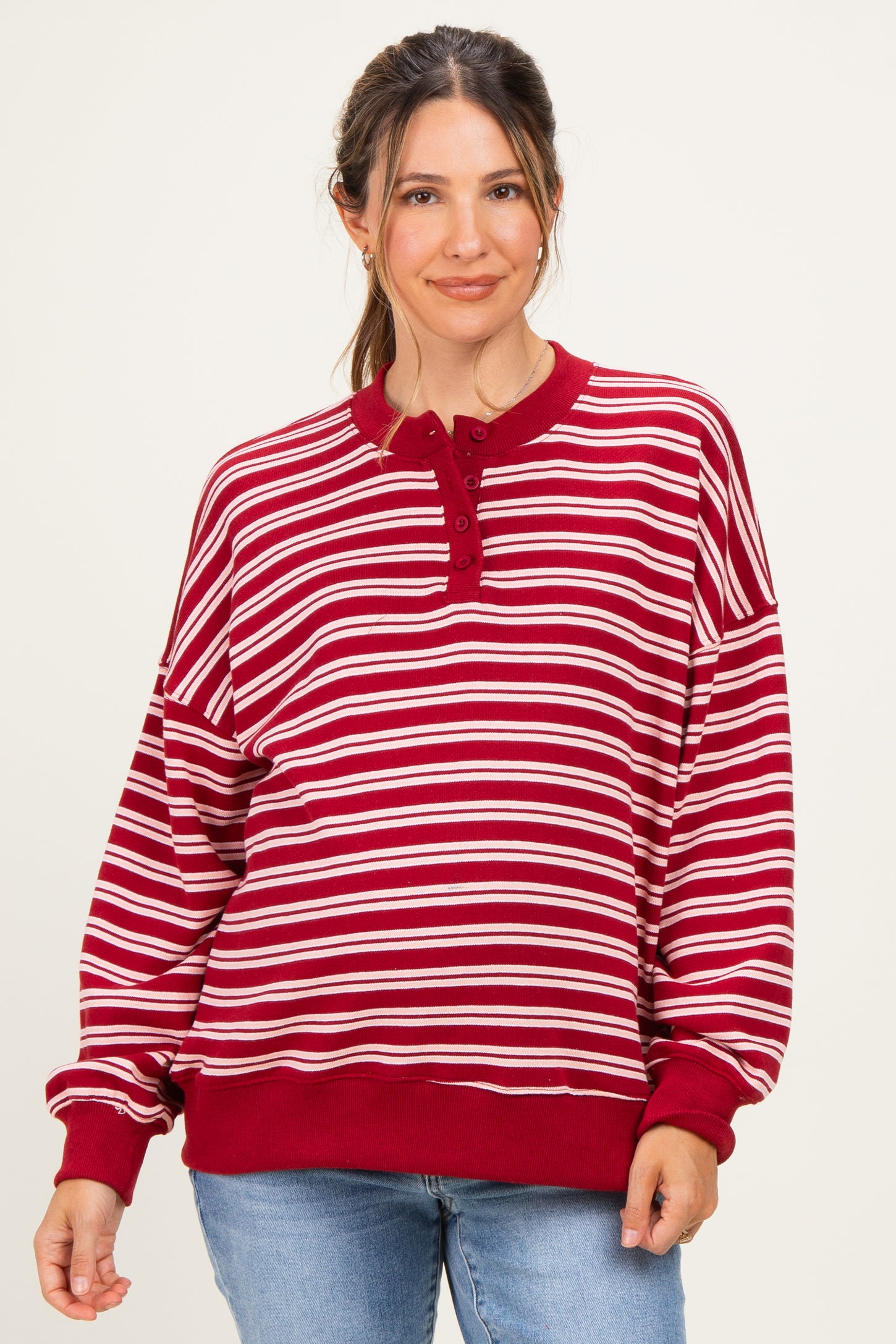 Maroon Striped Oversized Maternity Button Sweatshirt