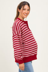 Maroon Striped Oversized Maternity Button Sweatshirt