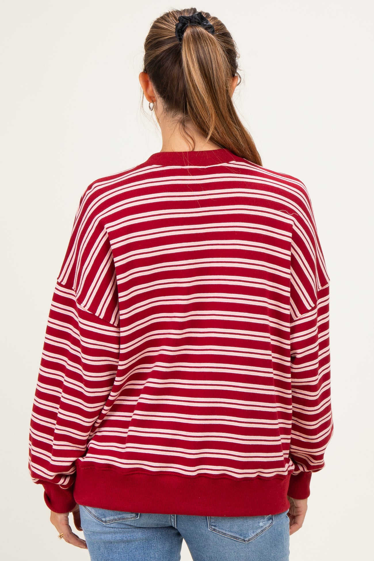 Maroon Striped Oversized Maternity Button Sweatshirt
