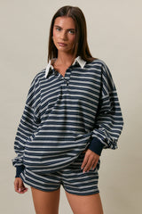 Navy Striped Long Sleeve Collared Oversized Shirt