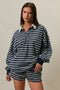 Navy Striped Long Sleeve Collared Oversized Shirt