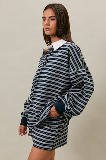 Navy Striped Long Sleeve Collared Oversized Shirt