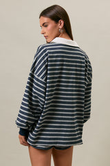 Navy Striped Long Sleeve Collared Oversized Shirt