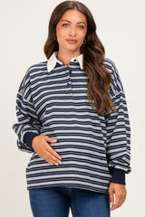 Navy Striped Long Sleeve Collared Oversized Maternity Shirt