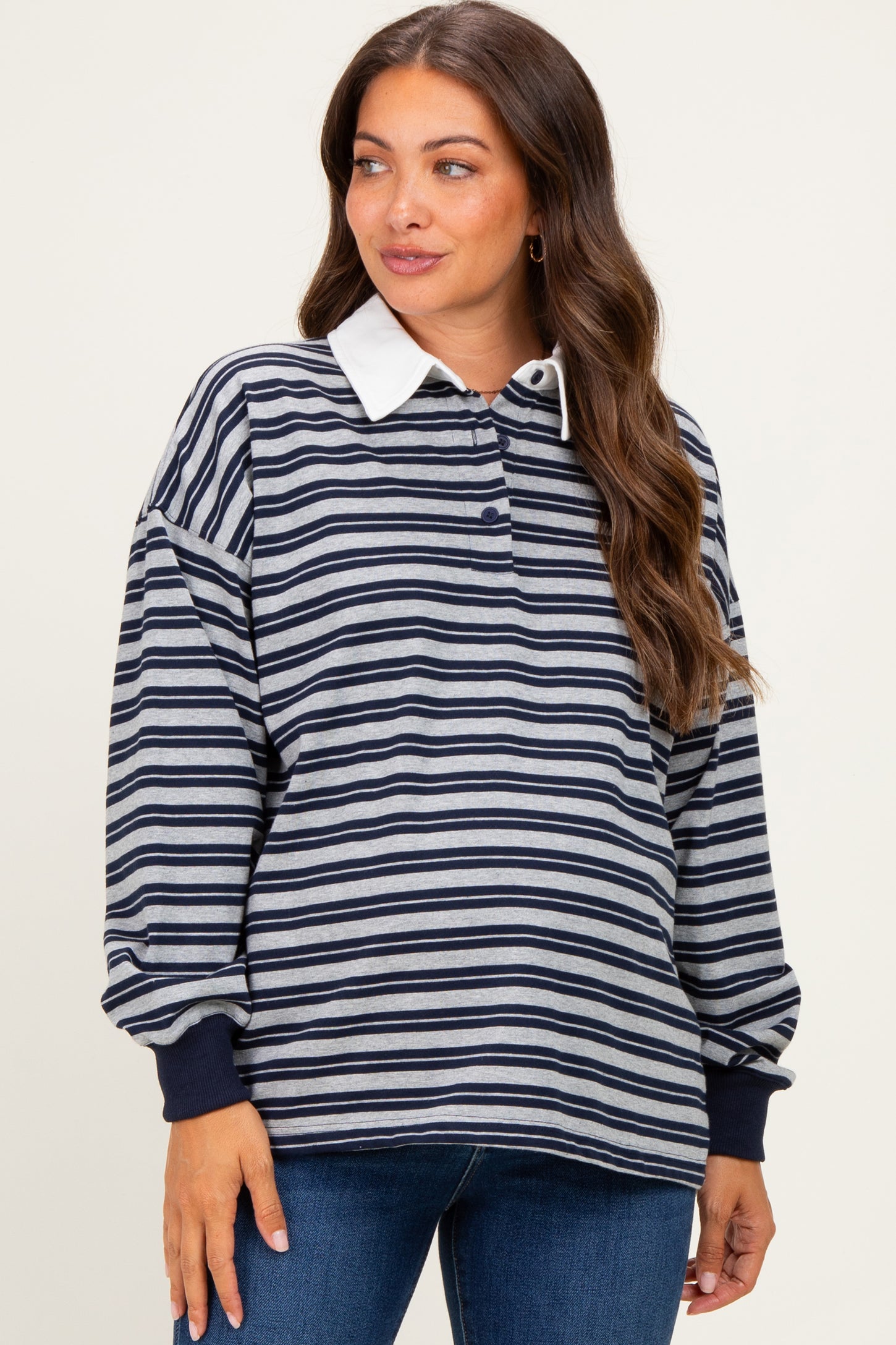 Navy Striped Long Sleeve Collared Oversized Maternity Shirt