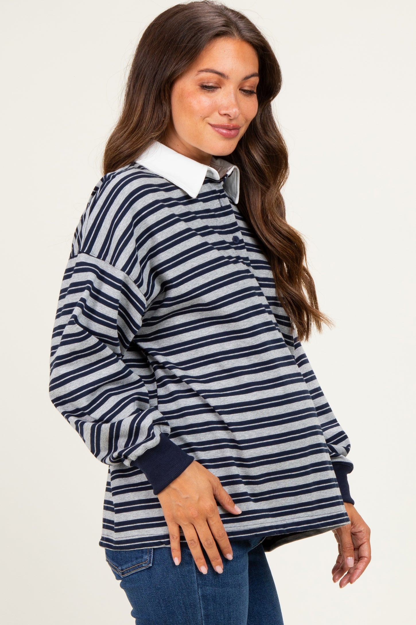 Navy Striped Long Sleeve Collared Oversized Maternity Shirt