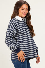 Navy Striped Long Sleeve Collared Oversized Maternity Shirt