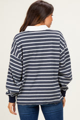 Navy Striped Long Sleeve Collared Oversized Maternity Shirt