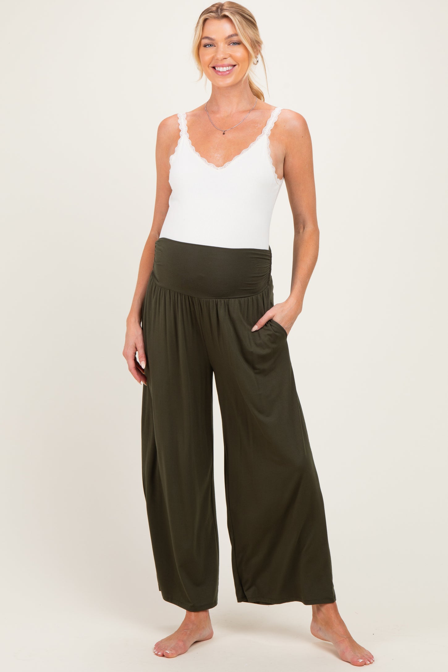 Olive Wide Waist Band Maternity Wide Leg Maternity Pants