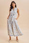 French Blue Floral Button Up Tie Waist Midi Dress
