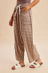 Mocha Gingham Barrel Leg Pants